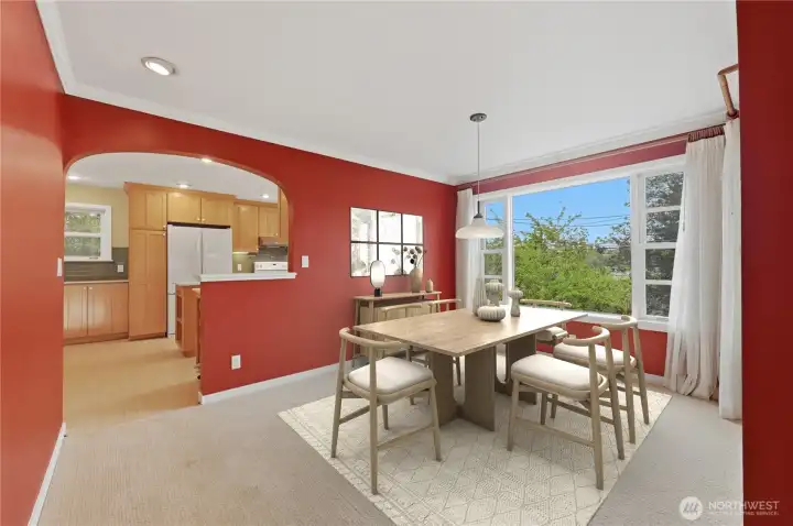 Virtually staged dining room. Virtually staged dining room.