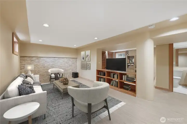 Virtually staged family room. Virtually staged family room.