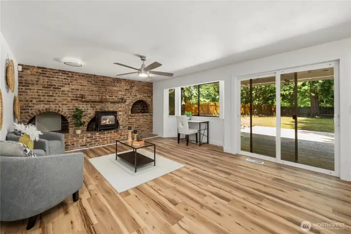 Family room with fireplace on main