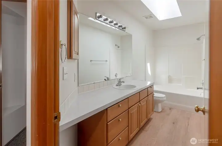 Hall bath has a skylight, filling the room with natural light. Hall bath has a skylight, filling the room with natural light.