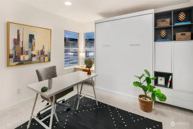 Entry level bedroom has murphy bed and shelving which will remain.