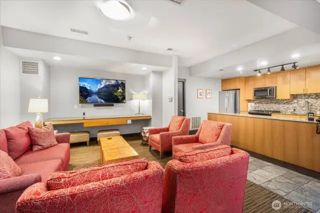 Community room and kitchen.  Room can be rented through the concierge.