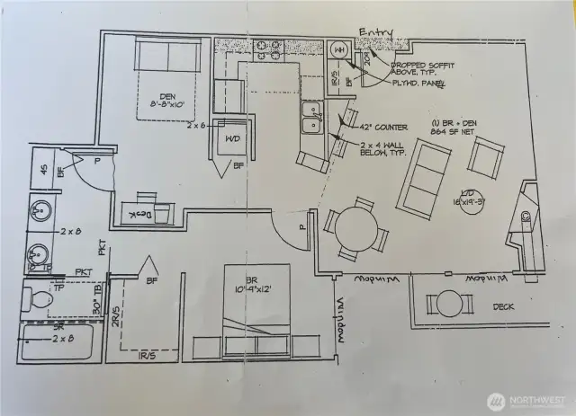 Original Floor Plan. Owners removed half wall by front door & living area. Two columns at end of breakfast bar were not built to create an open space and view towards balcony.