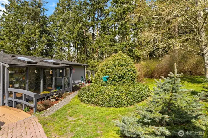 Tranquil home with charming sunroom, skylights, and lush greenery nestled in a private woodland setting.