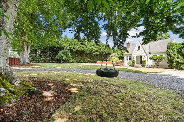 Private, picturesque yard with tire swing