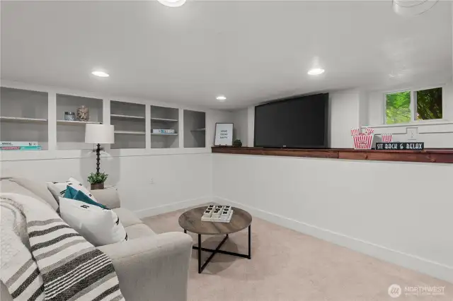Open shelving in the basement