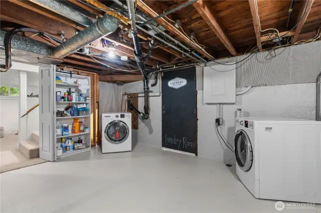 Section of basement with laundry and door to back yard