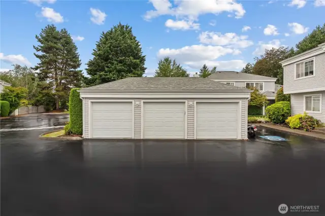 A private garage.  This units is the middle garage with a garage door opener and a push button one as well