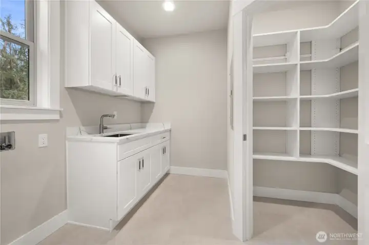 Laundry with cabinetry, wet bar and walk-in pantry
