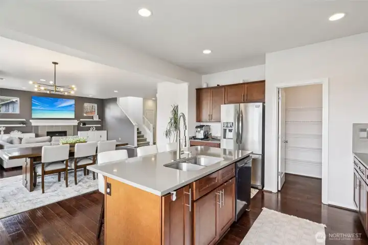 Gourmet kitchen with stainless appliances and walk-in pantry.