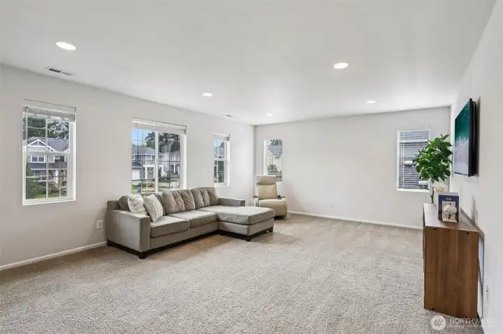 Spacious guest bedroom that can be a sizeable media room with closet space.