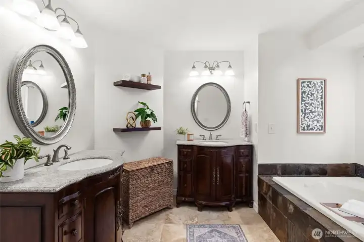 Primary bathroom with two beautiful vanities