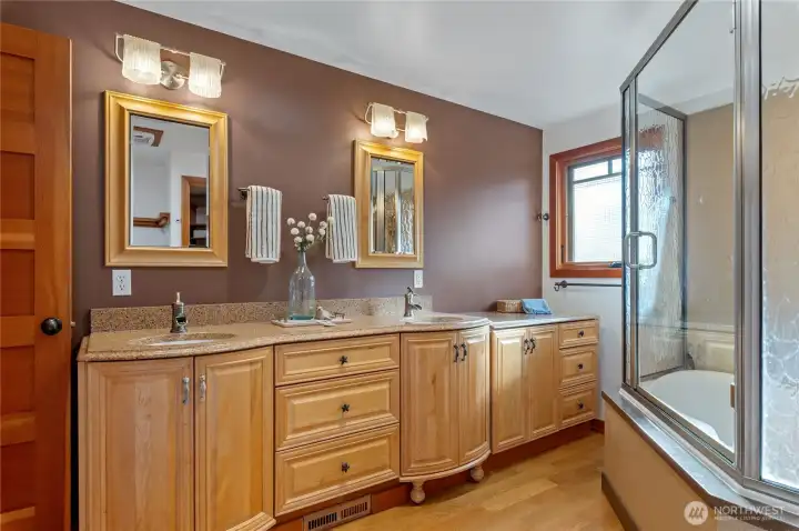 Primary bath with double vanity and built in towel warmer