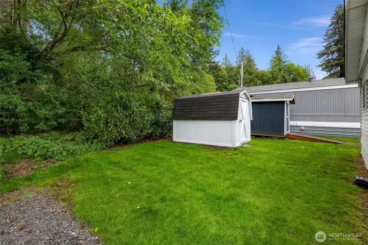 Backyard space with lawn and storage shed  for gardening or light outdoor use
