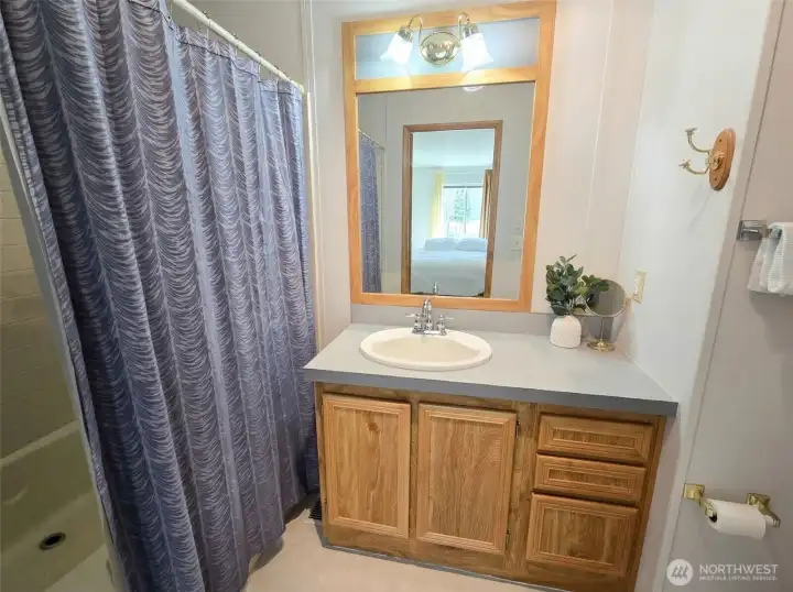 Primary bathroom with tub-shower  combination and wood vanity