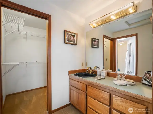The primary bathroom has is connected to the walk-in closet.