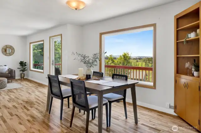 Note the original built-in cabinets and the view