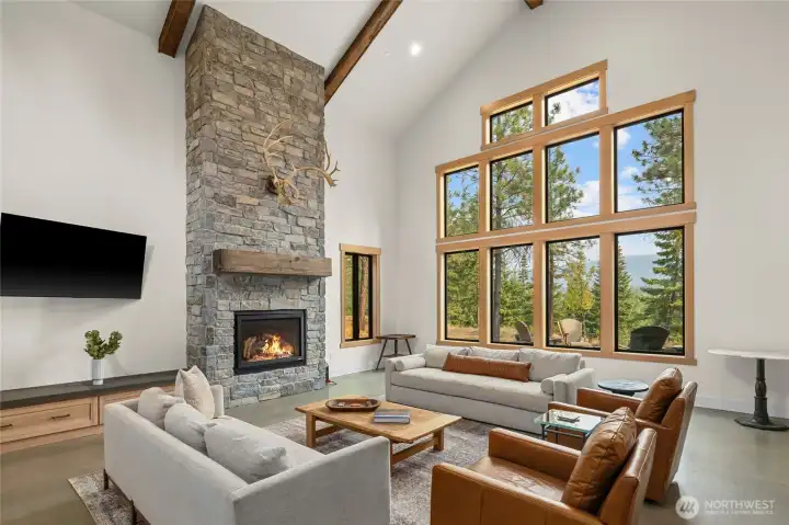 Floor to ceiling stone fireplace