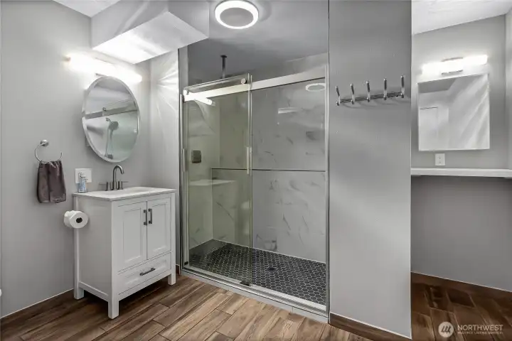 New Primary bath on lower level with spacious walk-in shower.