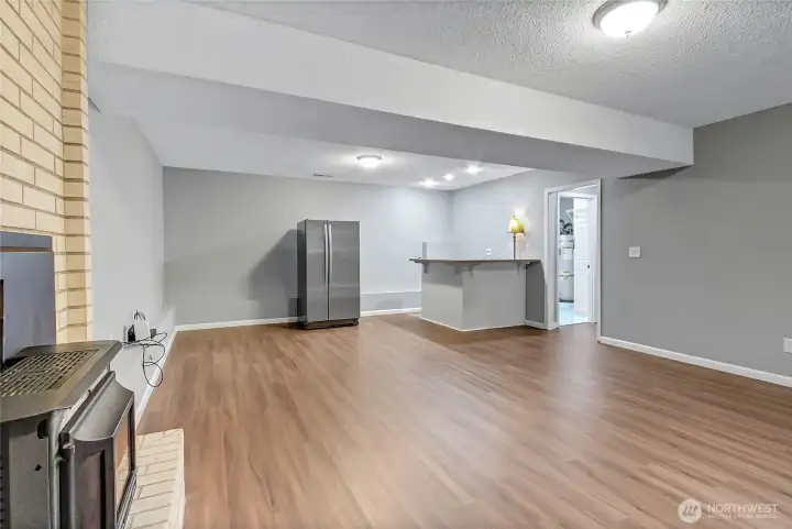Downstairs family room with wet bar area.