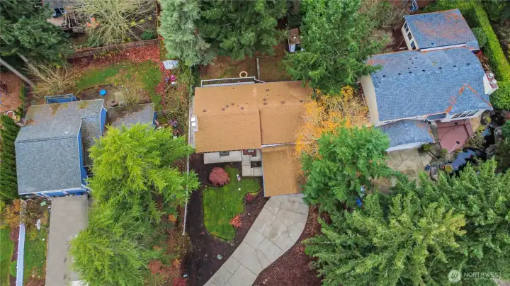 Overhead - home is center with brown roof