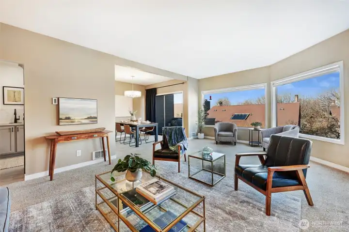 Open and spacious living room opens to dining room