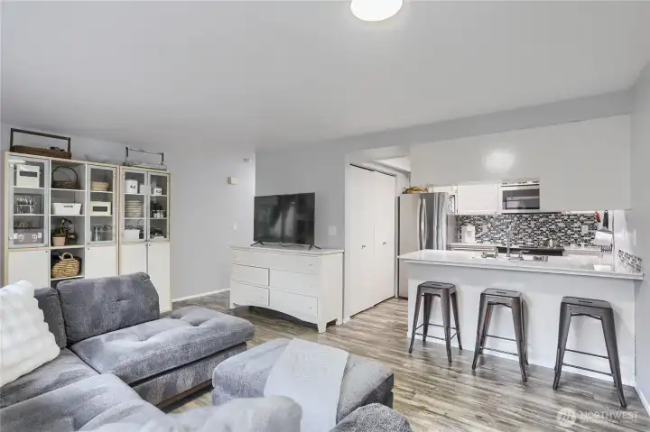 Spacious living room with new flooring