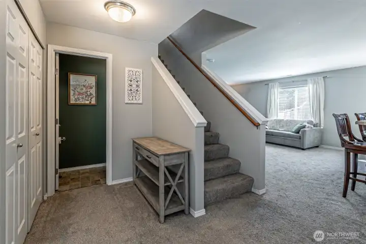 Garage entry off the entry with double entry closet.