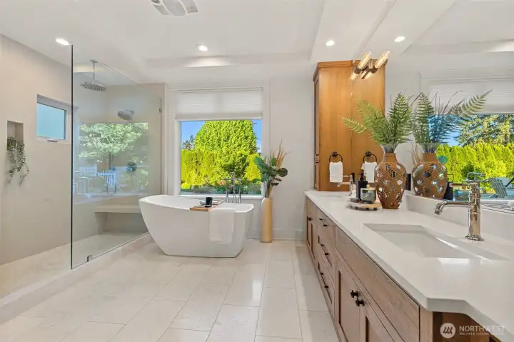 Double Head Shower and Sinks, Soaking Tub.