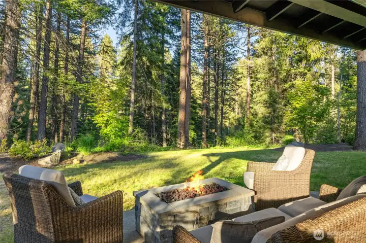 Firepit on back patio looking over open space