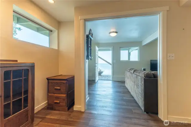 view from basement office to lower deck door
