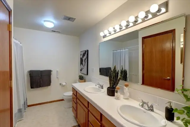 The generous main level bath features plenty of cabinetry & countertop space for your crew plus double sinks