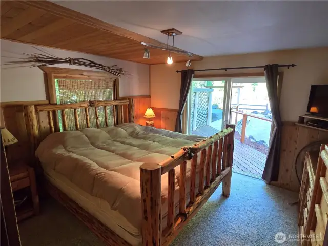 The primary bedroom easily accommodates this huge king sized bed.