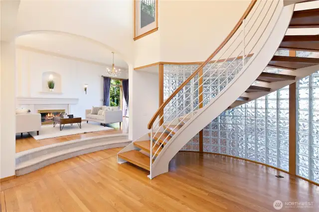 Grand spiral staircase at entry.