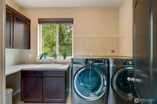 The utility room is equipped with a large, side-by-side front-loading washer and dryer, plenty of cabinets, a sink, and generous counter space—making laundry and household tasks effortless.