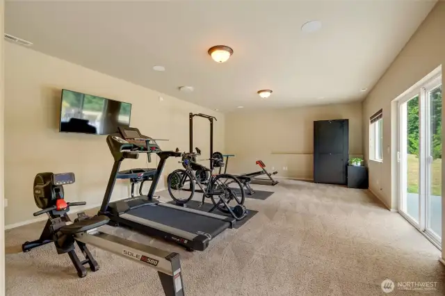 The daylight basement adds versatility to the home with a spacious family room—currently set up as an exercise area, but perfect for a playroom, media room, or home office. Sliding doors open to the large back patio, offering easy access to the sprawling backyard and enhancing indoor-outdoor living. The exercise equipment is negotiable with the sale.