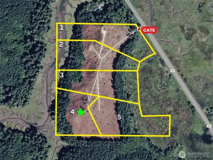 Overhead view of development. Approximate boundaries in yellow and subject property indicated by green star.