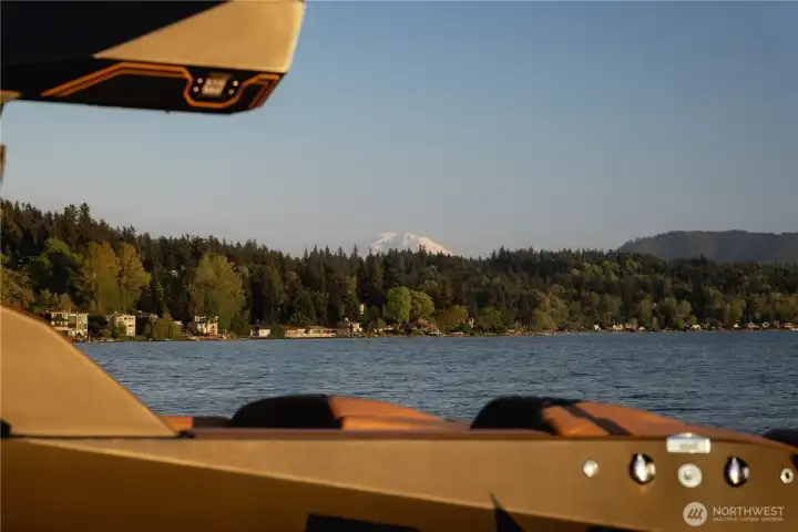 From the dock, Mt. Rainier rises quietly beyond.