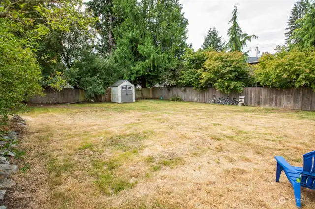 Large, mostly fenced back yard for entertaining or animals.