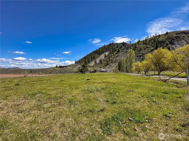 Property view from Pine Creek Rd with fenced & irrigated pasture space for livestock