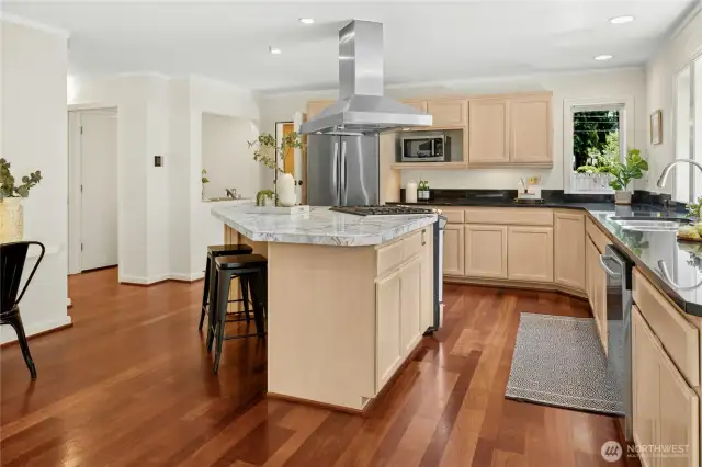 The Chef's kitchen is large with ample cabinetry storage and counter space.