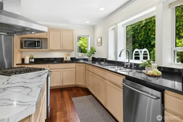 There is a pretty kitchen sink view out to the Storybook front gardens.