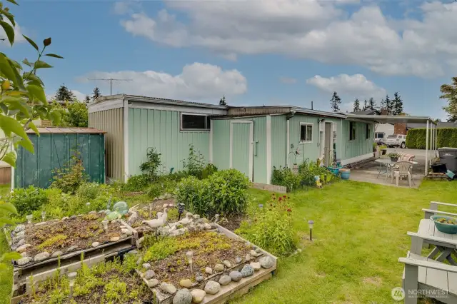 Raised gardens with mature landscaping