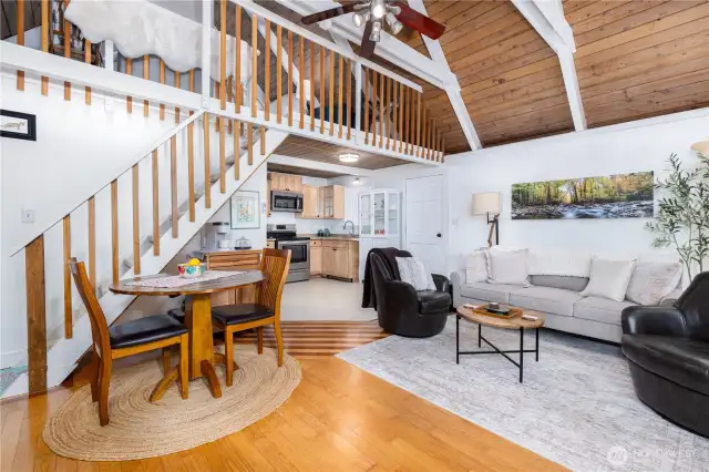 Living room, Kitchen, stairs to loft