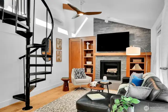 Wood-burning fireplace with built-in book cases