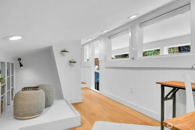 Light and bright, room for your desk PLUS comfy sitting room for reading or playing