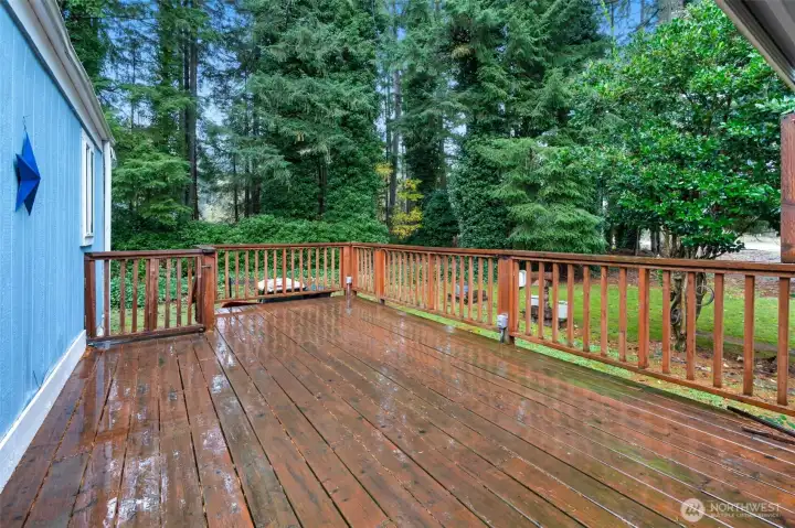 Large deck looks out over yard.