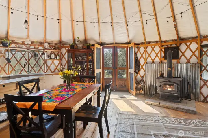 Free standing fireplace keeps things cozy in the warmer weather.