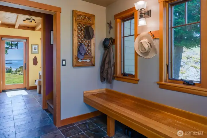 Welcoming entry with radiant heated slate floors. Welcoming entry with radiant heated slate floors.