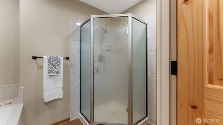 The primary bathroom offers a shower and separate soaking tub.